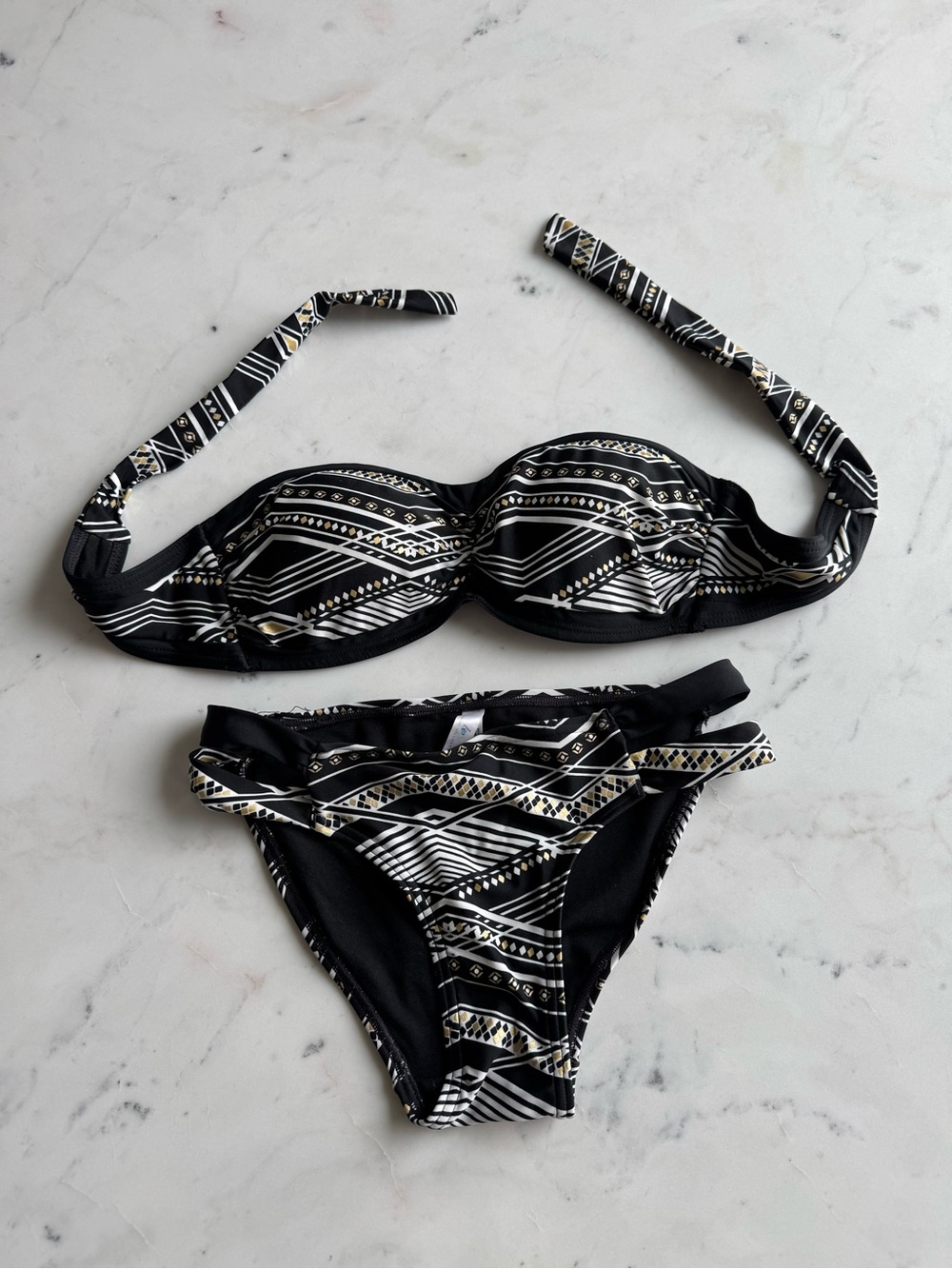 Bikini Village - Black Geometric Print Bandeau Bikini Set XS/S